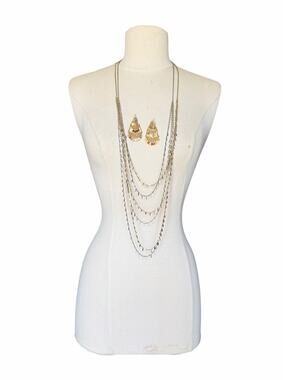 Rachel Signed Layered Multi Strand Necklace Set Gold Silver Mixed Metal Earrings